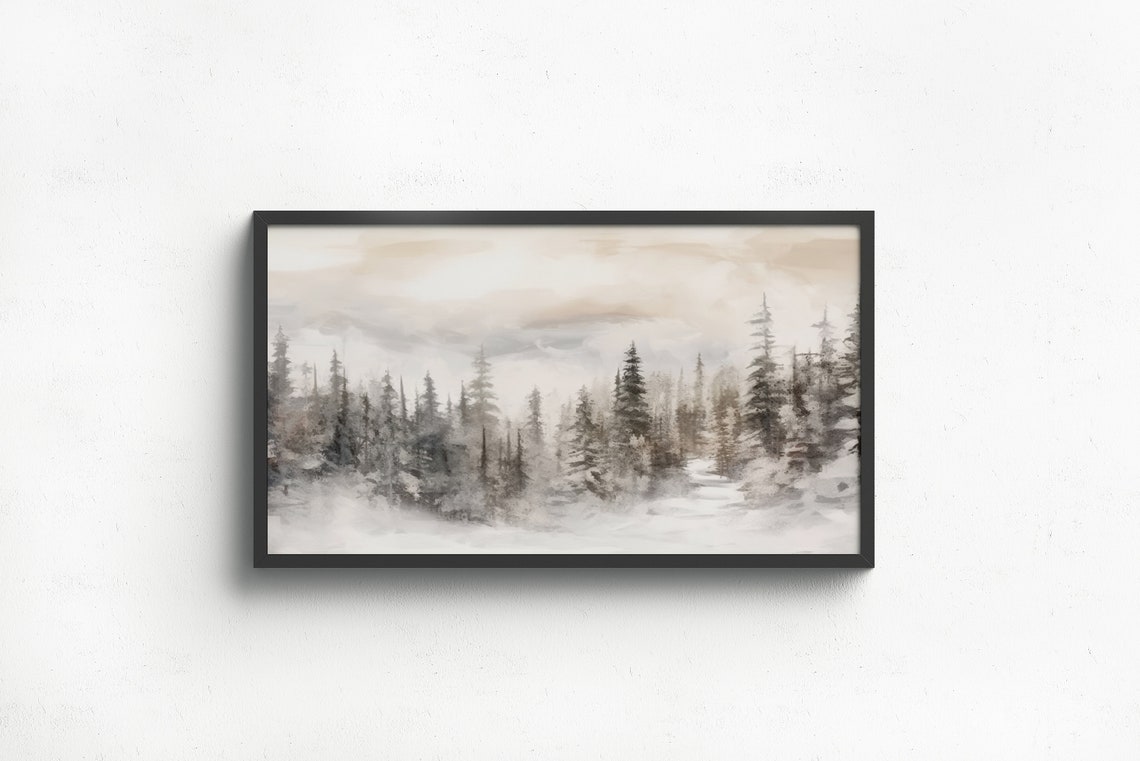 Soft Watercolor Snowy Pine Forest Misty Neutral Frame TV Art Print - Image 3