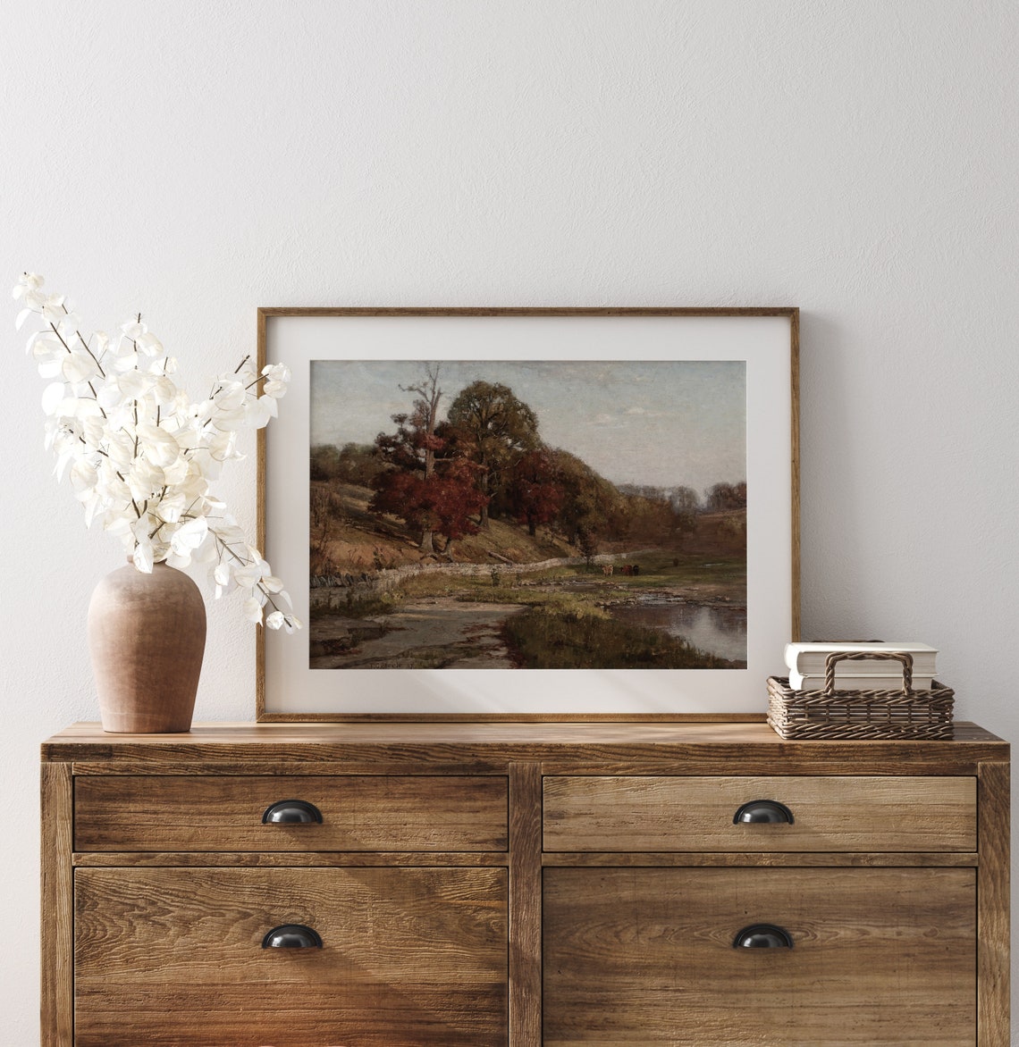 Autumn River Bend with Red Maples Grazing Cows Vintage Painting - Image 4