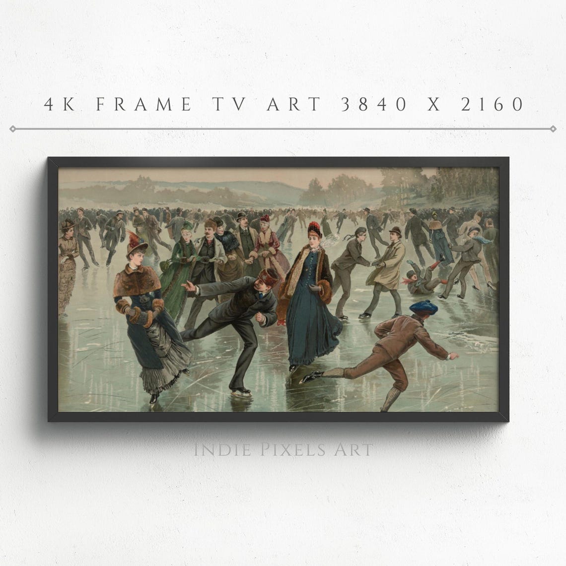Vintage Crowded Ice Skating Rink Scene Winter Painting Art Poster - Image 4