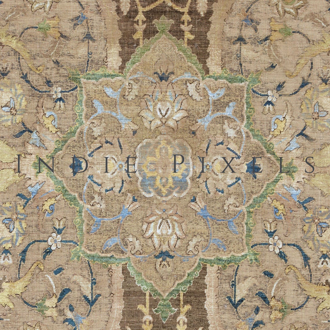 Antique Persian Medallion Tapestry Faded Brown Blue Floral Wall Art - Image 3