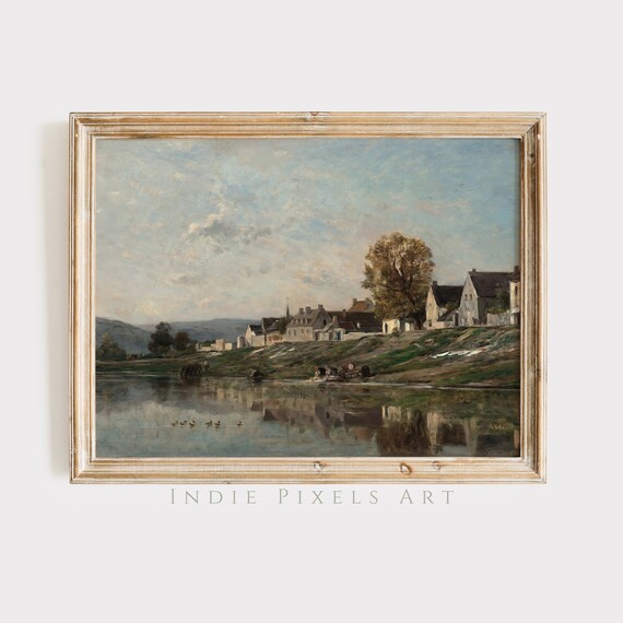 Riverside Village Summer Calm Water Reflections Vintage Landscape Poster