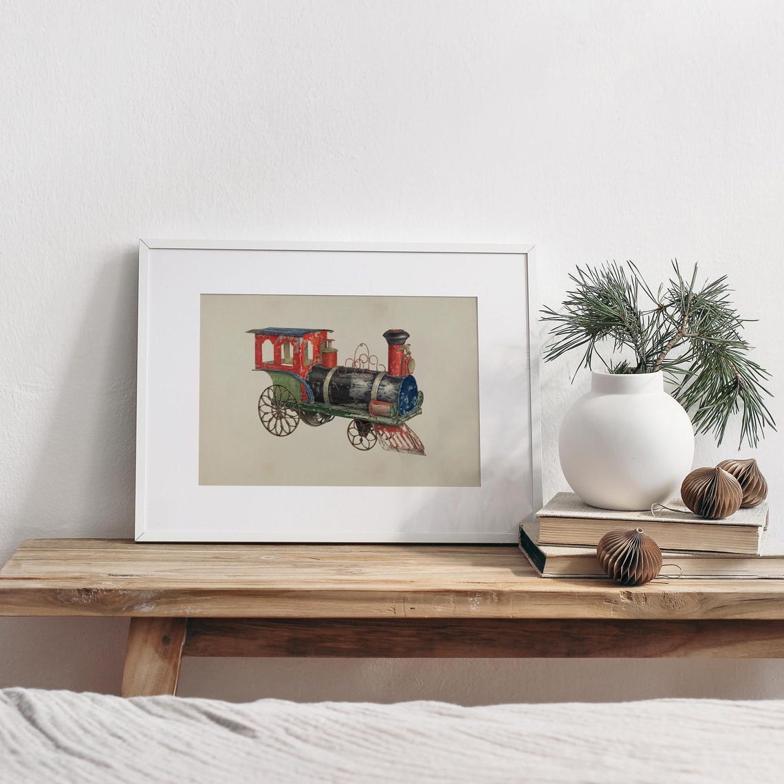 Vintage Tin Toy Train Engine Red Green Antique Locomotive Art Print - Image 2