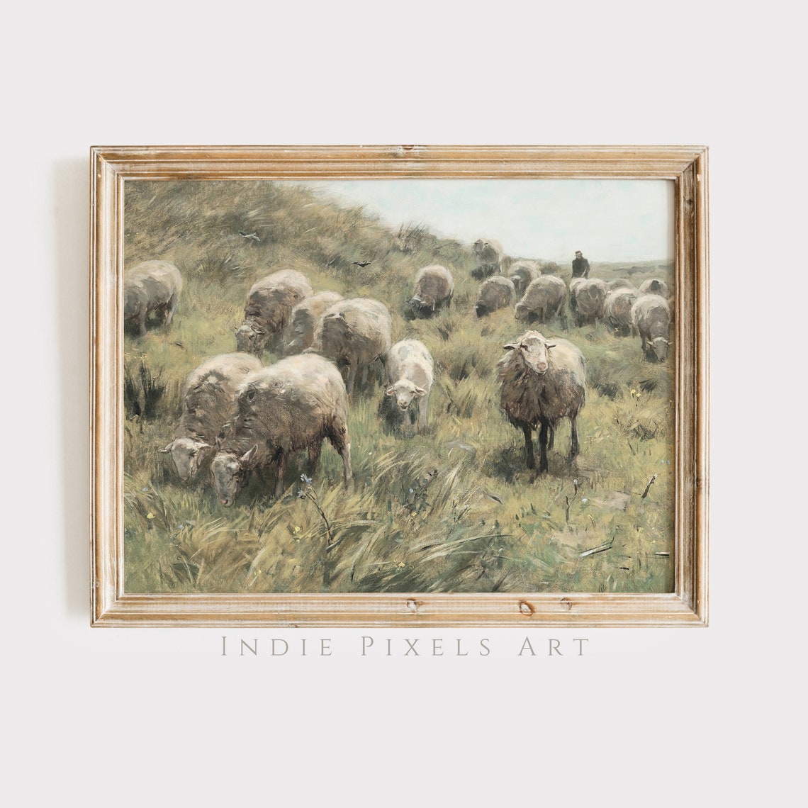 Vintage Sheep Flock on Hillside Pasture with Shepherd Painting Print