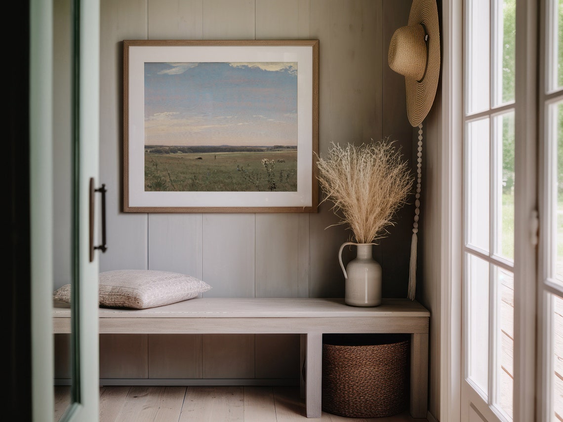 Pastel Dawn Pasture Vintage Landscape with Grazing Cows Wall Art - Image 3