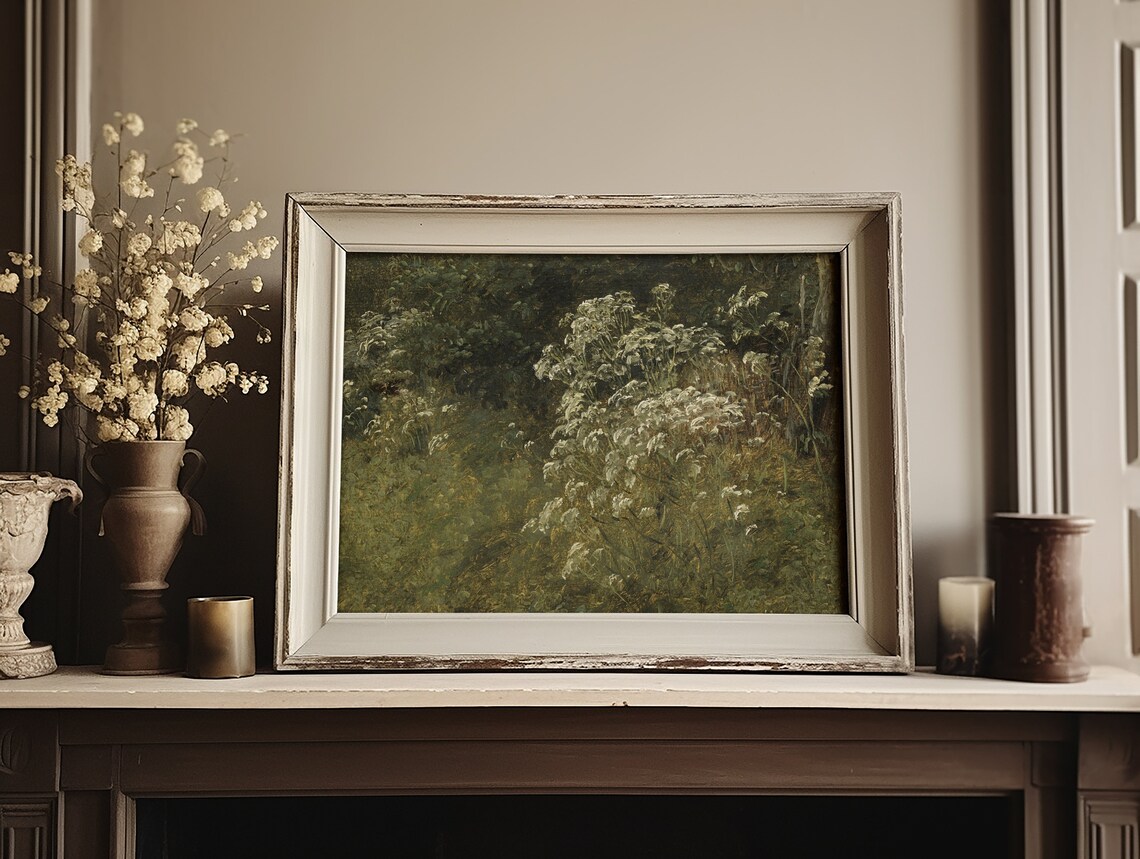 Dark Woodland Wildflowers Vintage Painting Moody Green Wall Art - Image 4