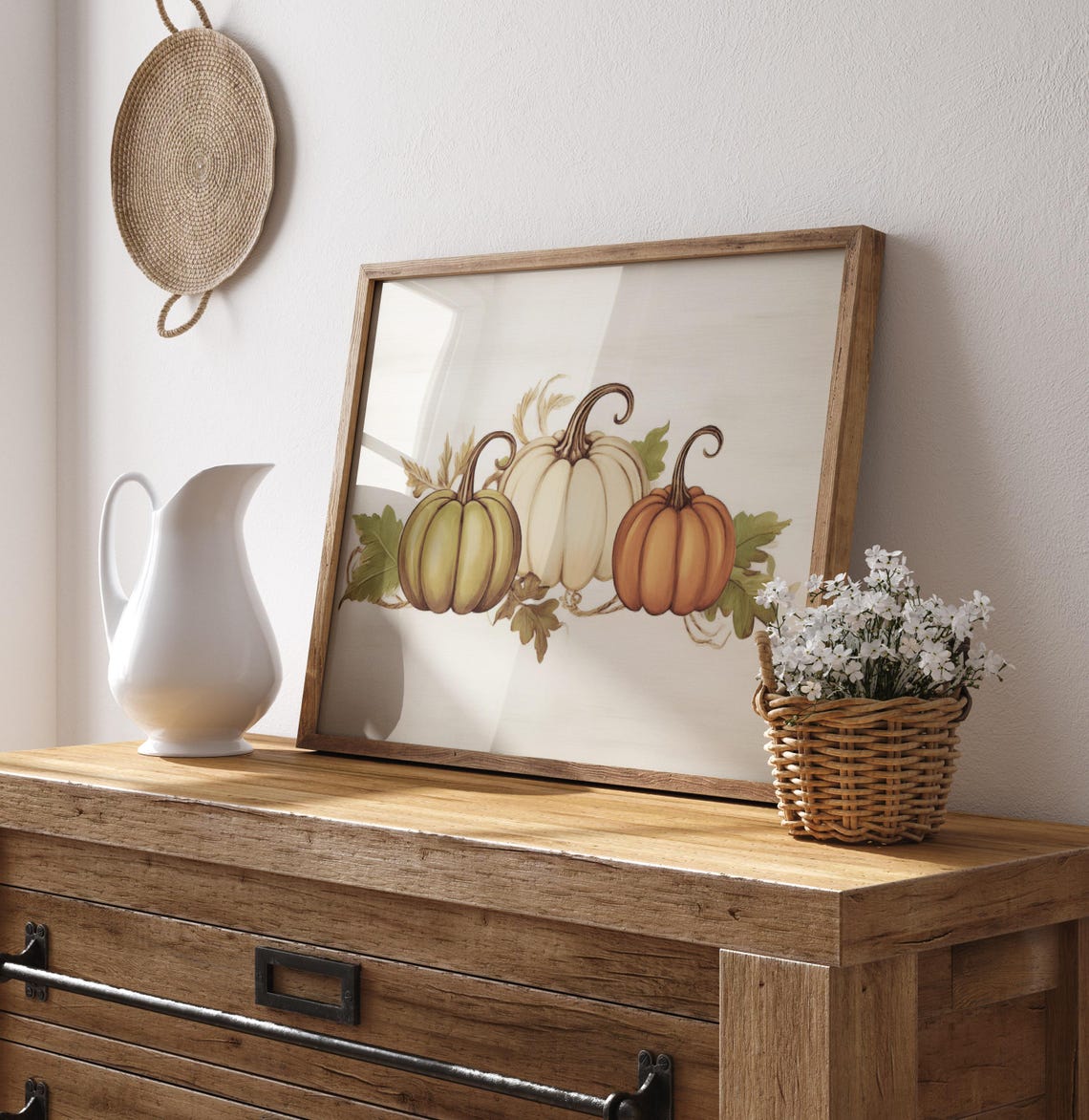 Three Pumpkins Fall Still Life Green White Orange Farmhouse Poster - Image 4
