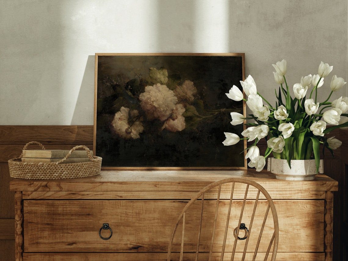 White Peonies Moody Dark Floral Vintage Oil Painting Art Poster - Image 3