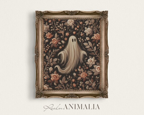 Ghost Among Roses Dense Floral Tapestry Dark Halloween Art Print