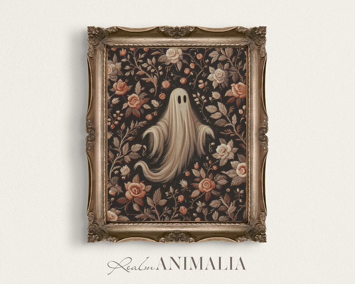 Ghost Among Roses Dense Floral Tapestry Dark Halloween Art Print