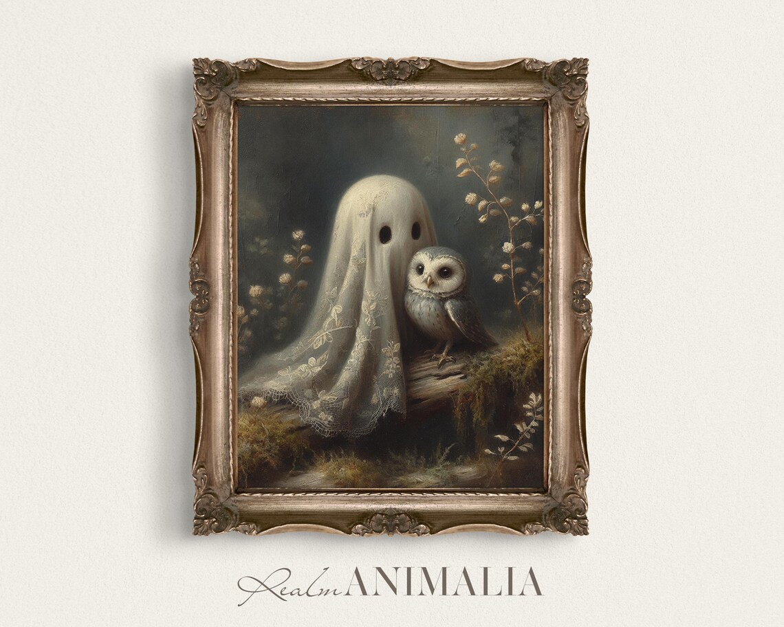 Cute Little Ghost With Little Owl, Vintage Fall Art Print