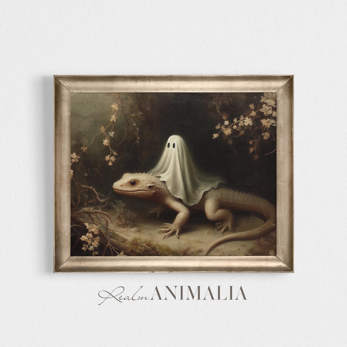 Little Ghost Riding Lizard Dark Forest Whimsical Halloween Cottagecore Poster - Image 2