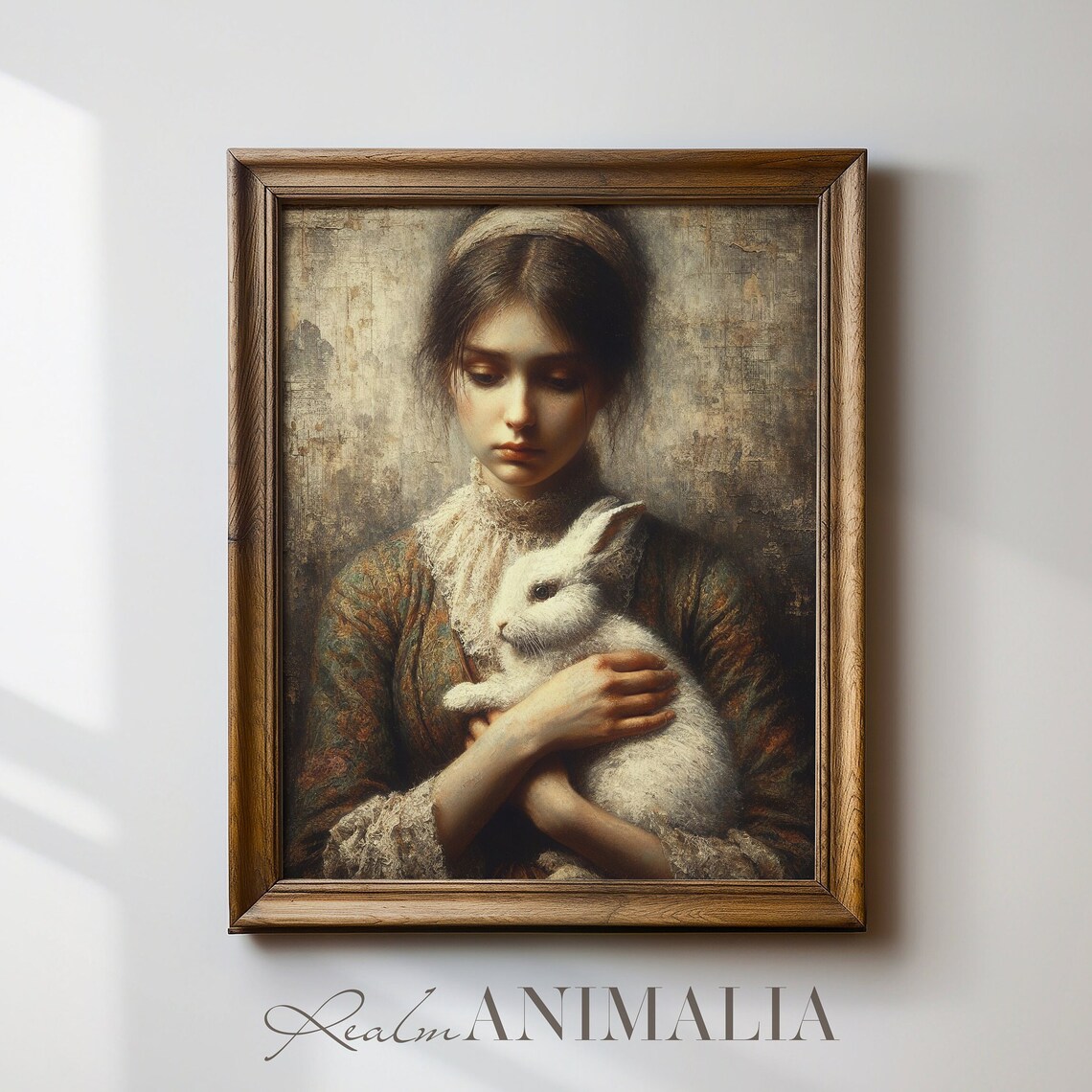 Vintage Girl Holding White Rabbit Tender Oil Painting Portrait Art Poster - Image 2