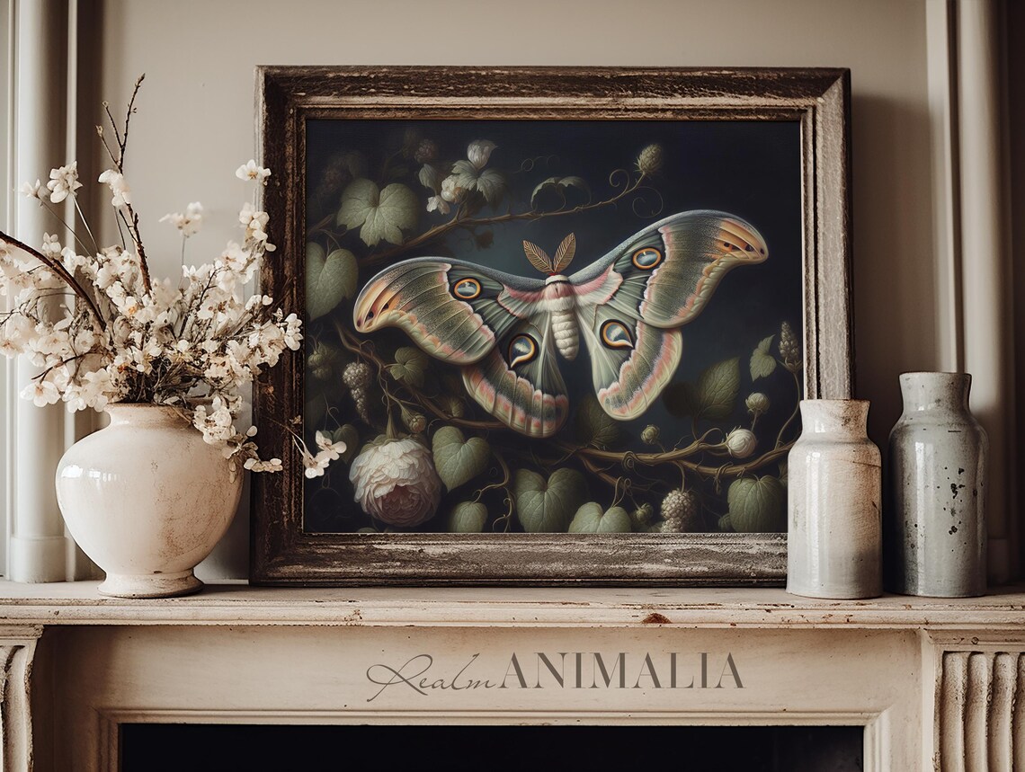 Moth Art Print, Moody Dark Floral Botanical - Image 3