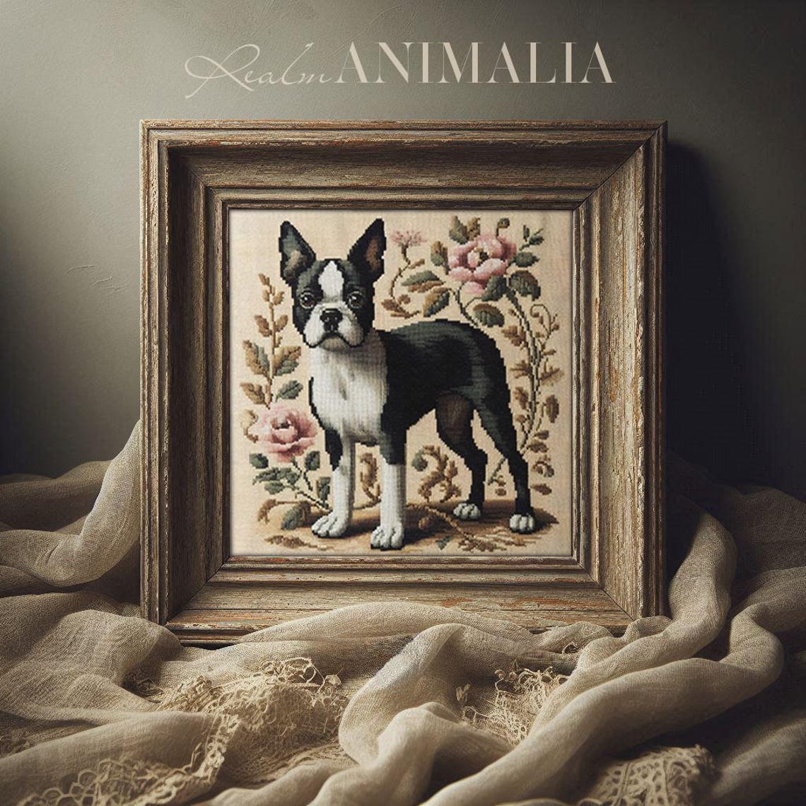 Boston Terrier Among Pink Roses Vintage Needlepoint Tapestry Art Print - Image 4