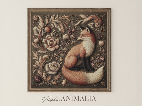 Fox Embroidery Print, Vintage Botanical Textile Art