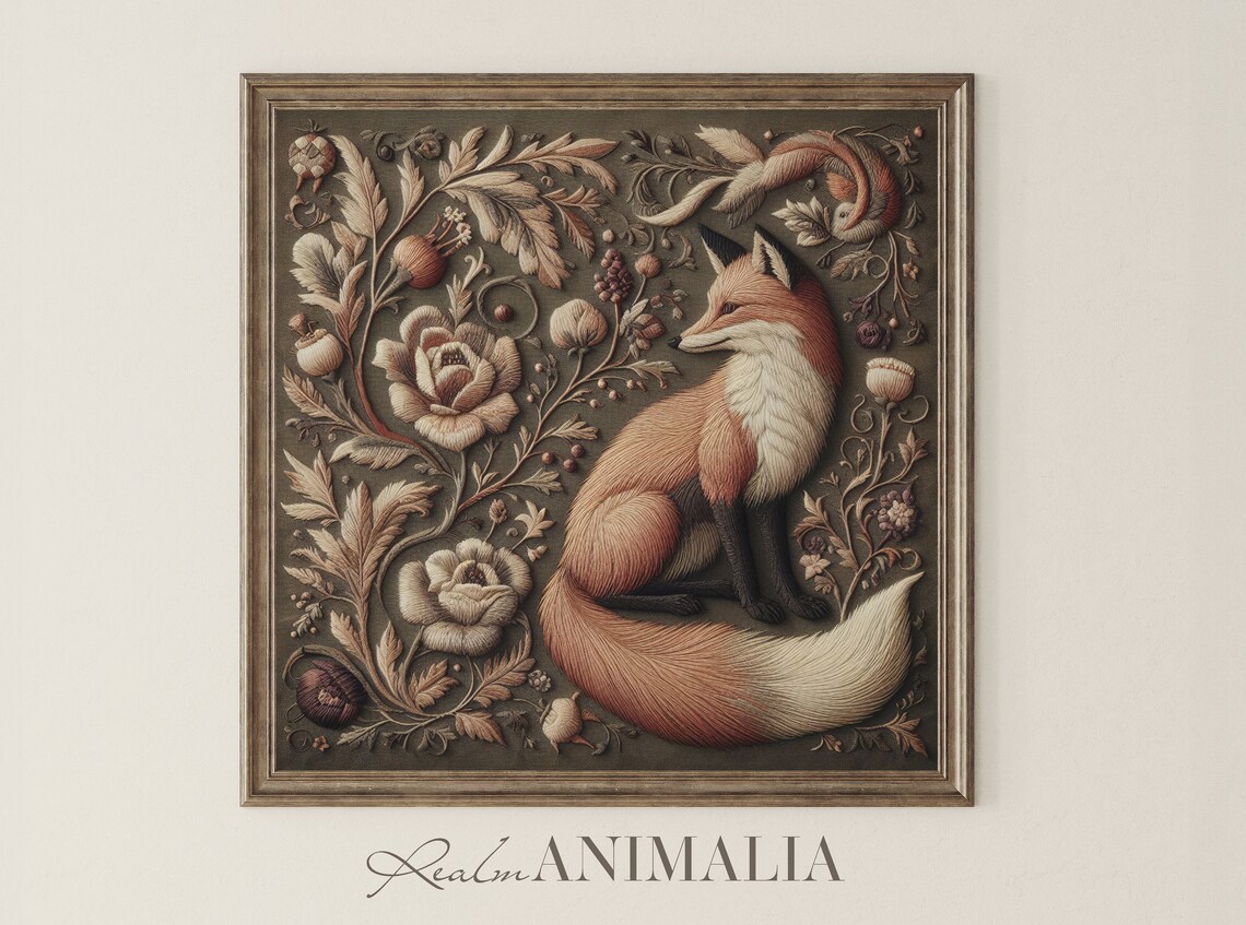 Fox Embroidery Print, Vintage Botanical Textile Art