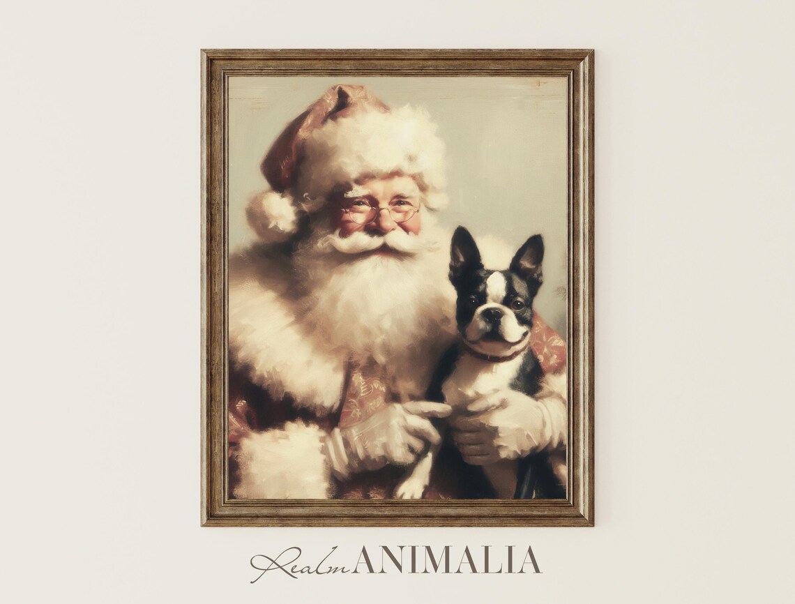 Santa Claus Holding Boston Terrier Festive Christmas Portrait Poster