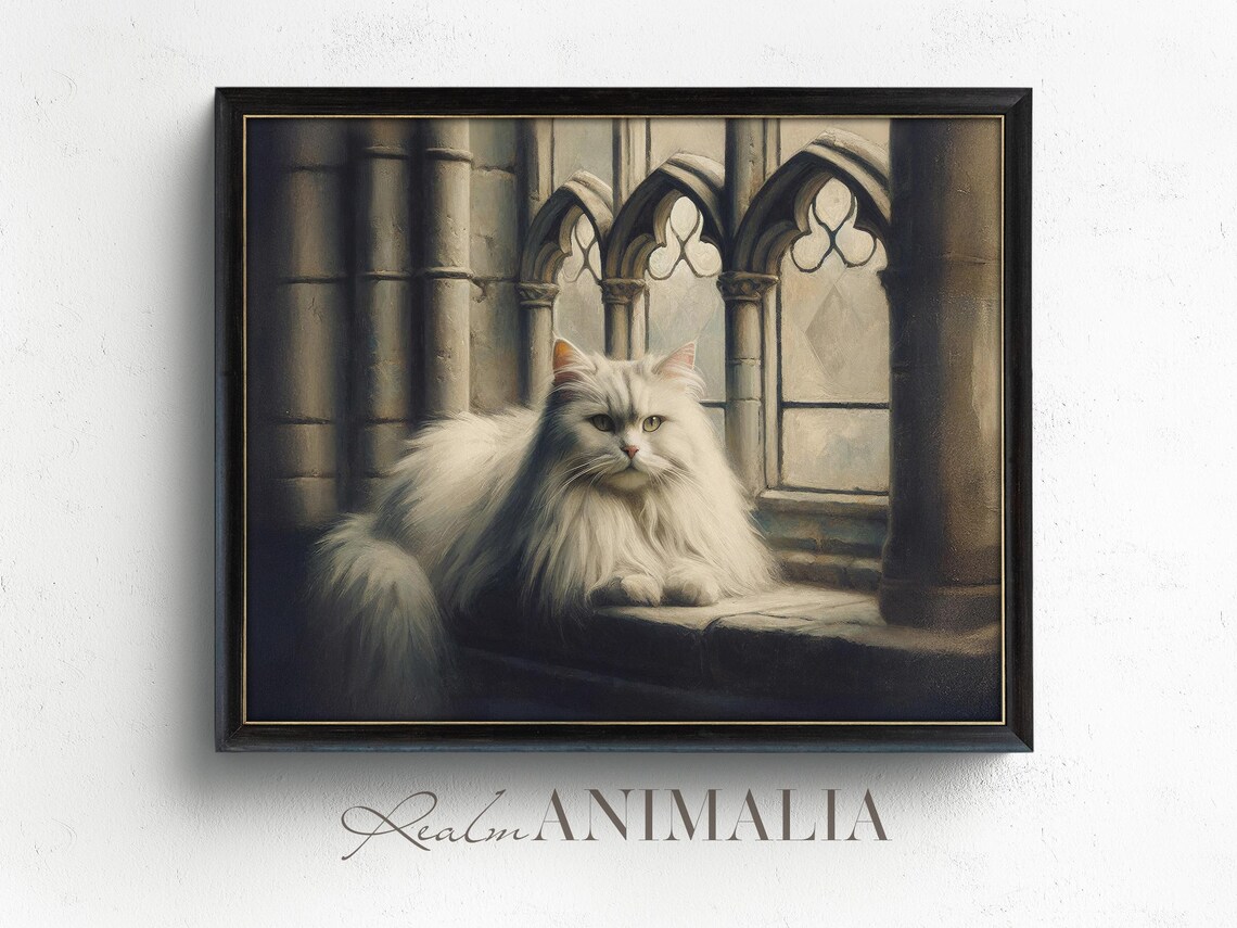 White Persian Cat On Gothic Cathedral Window Moody Portrait Poster - Image 2