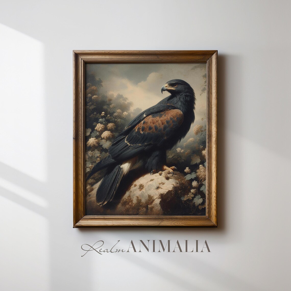 Black Hawk Perched On Rock Moody Classical Wildlife Painting Poster - Image 4