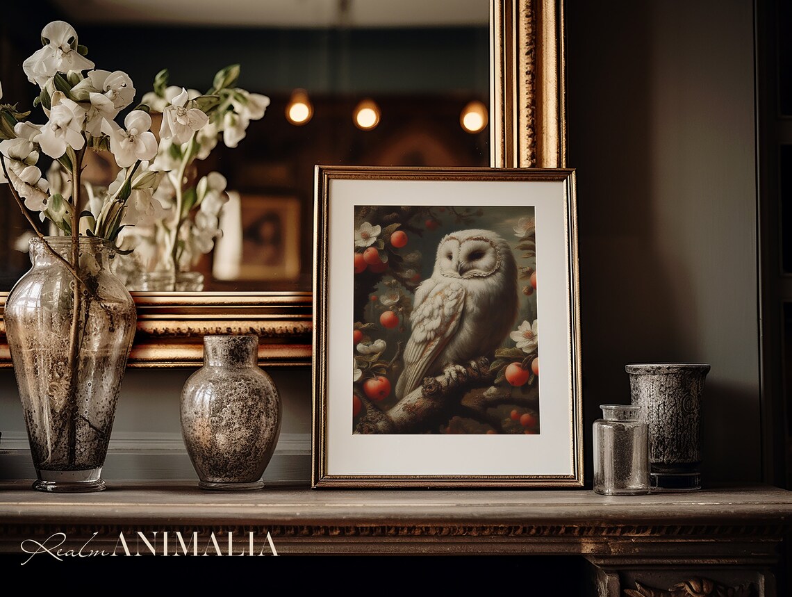 Vintage White Owl Print, Peach Tree Bird Art - Image 2