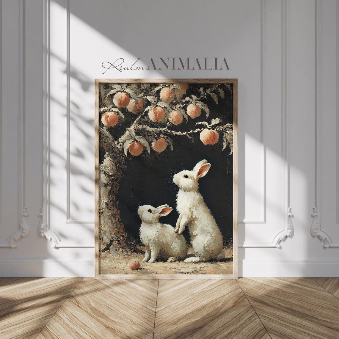 Two White Bunnies Under Peach Tree Dark Moody Vintage Painting Poster - Image 2
