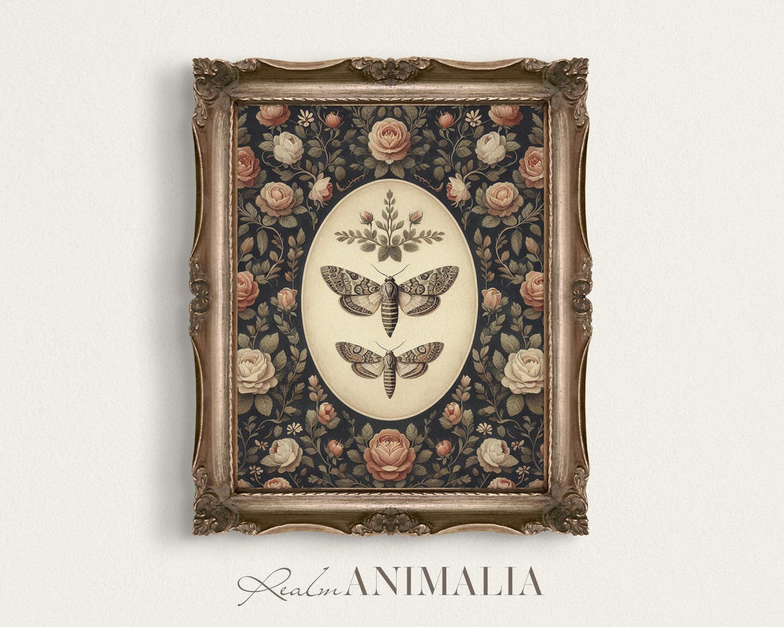 Two Patterned Moths In Oval Medallion Dark Rose Tapestry Insect Poster - Image 2