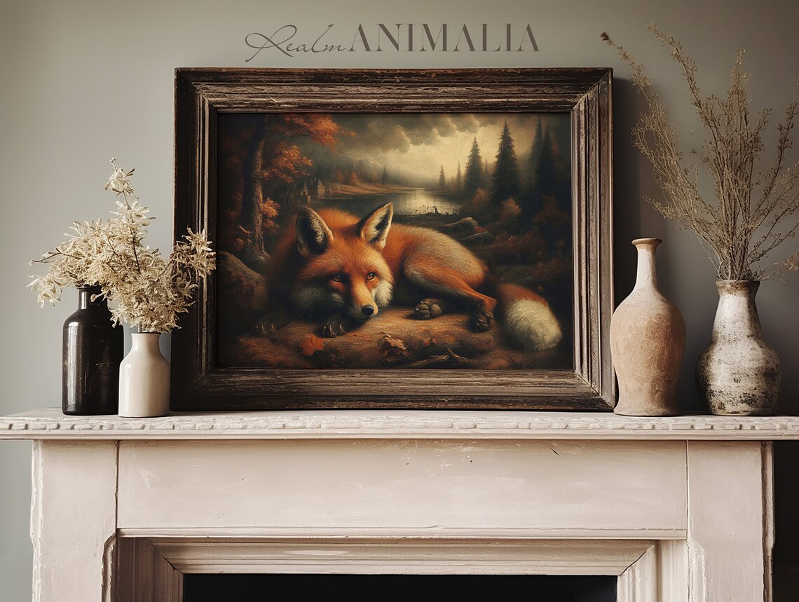 Autumn Fox Art Print, Moody Vintage Fall Landscape - Image 3