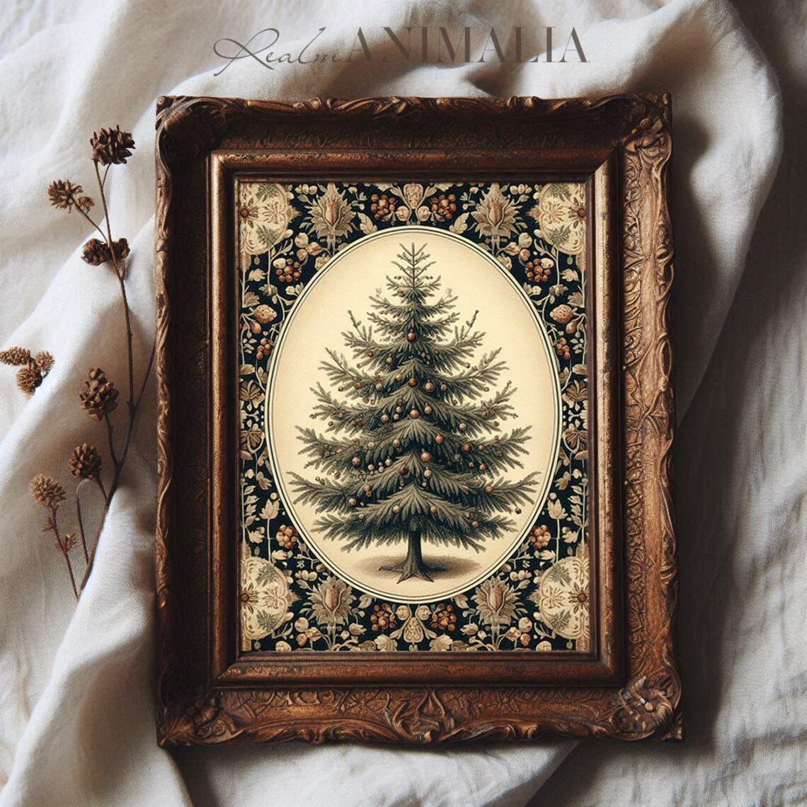 Decorated Christmas Fir Tree On Floral Tapestry Botanical Poster - Image 3