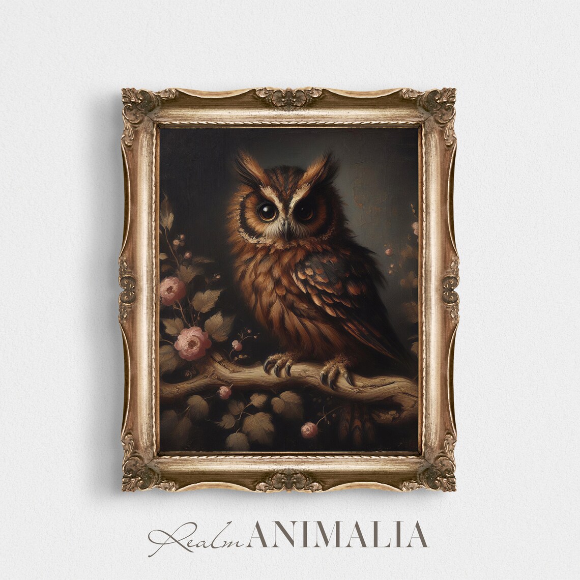 Brown Owl On Flowering Branch Dark Floral Moody Vintage Bird Art Print - Image 2