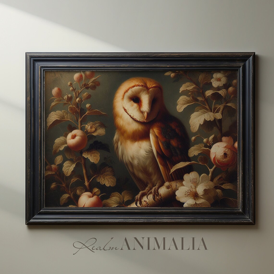 Barn Owl On Blossom Branch With Pink Crabapples Vintage Bird Art Print - Image 2
