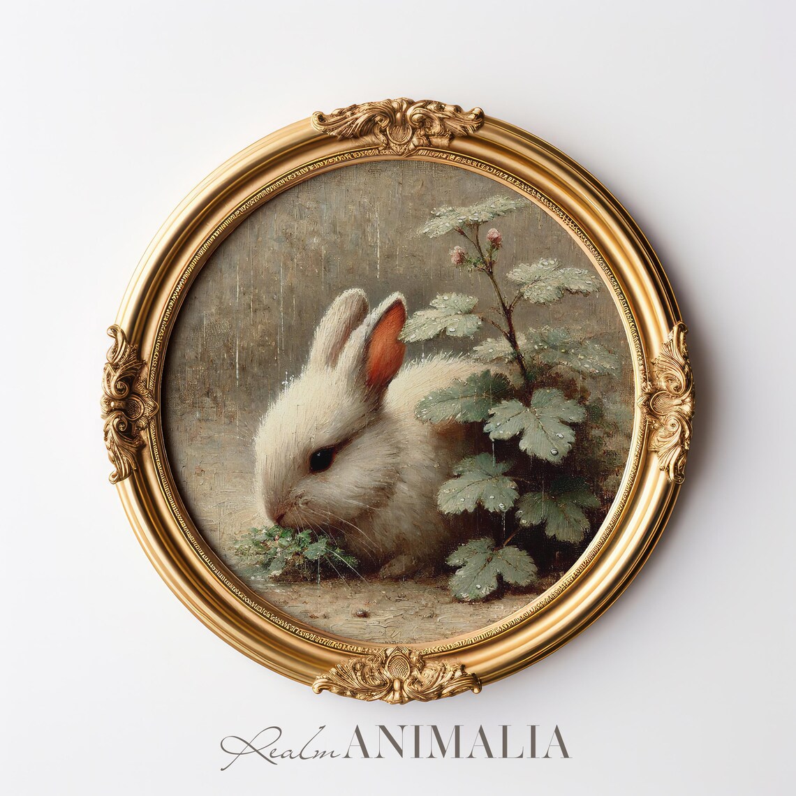 White Bunny Eating Greens Under Leaves In Rain Vintage Neutral Poster - Image 2