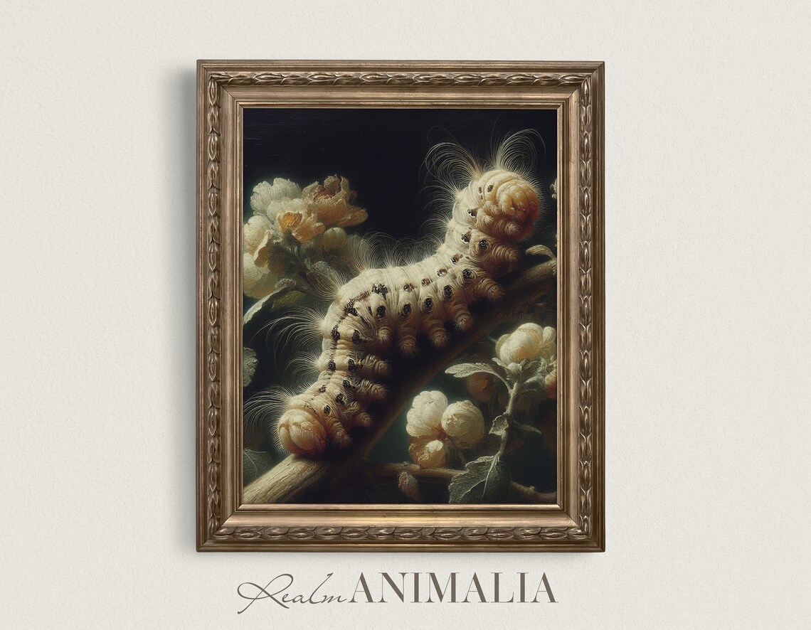 Vintage Caterpillar Print, Moody Botanical Insect Art