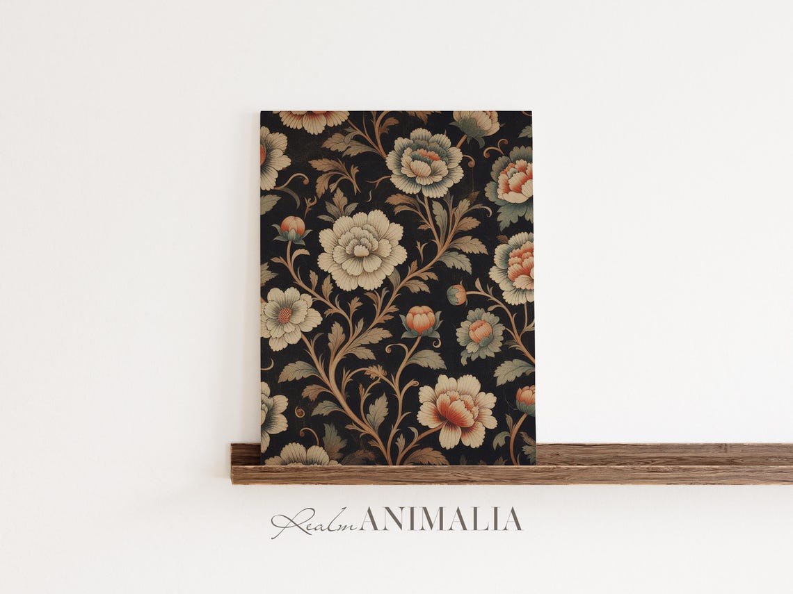Neutral Floral Tapestry Pattern Cream Blooms On Black Vintage Poster - Image 2