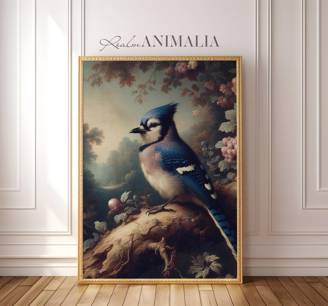 Vintage Blue Jay Perched On Rock Among Berries Moody Songbird Art Poster - Image 3