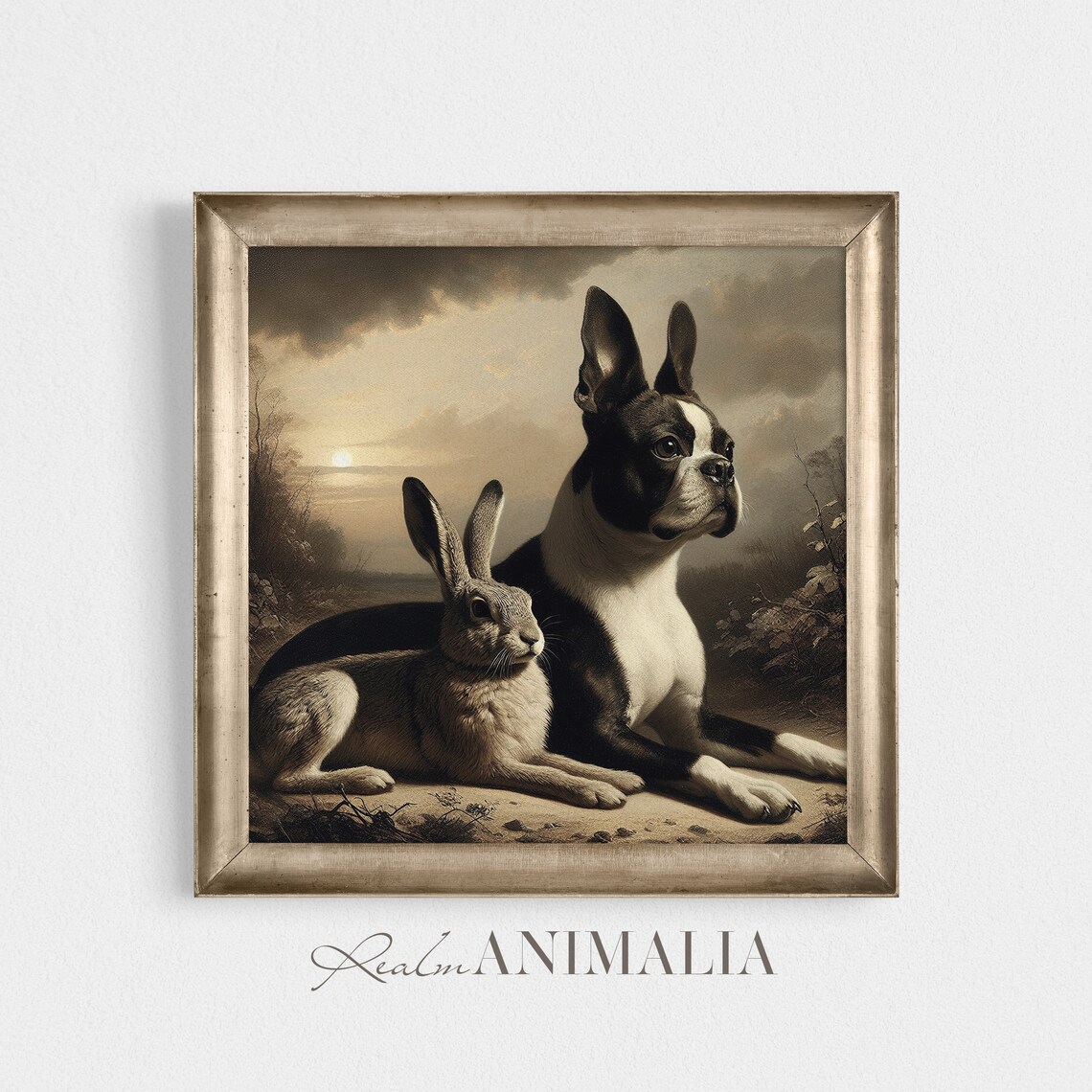 Boston Terrier And Hare Vintage Animal Friends Art Print - Image 4