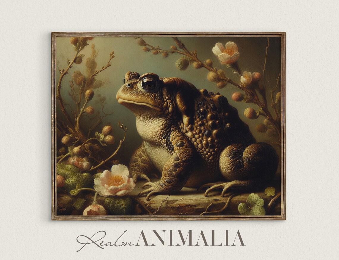 Brown Toad Among Seed Heads And Wildflowers Moody Vintage Art Print