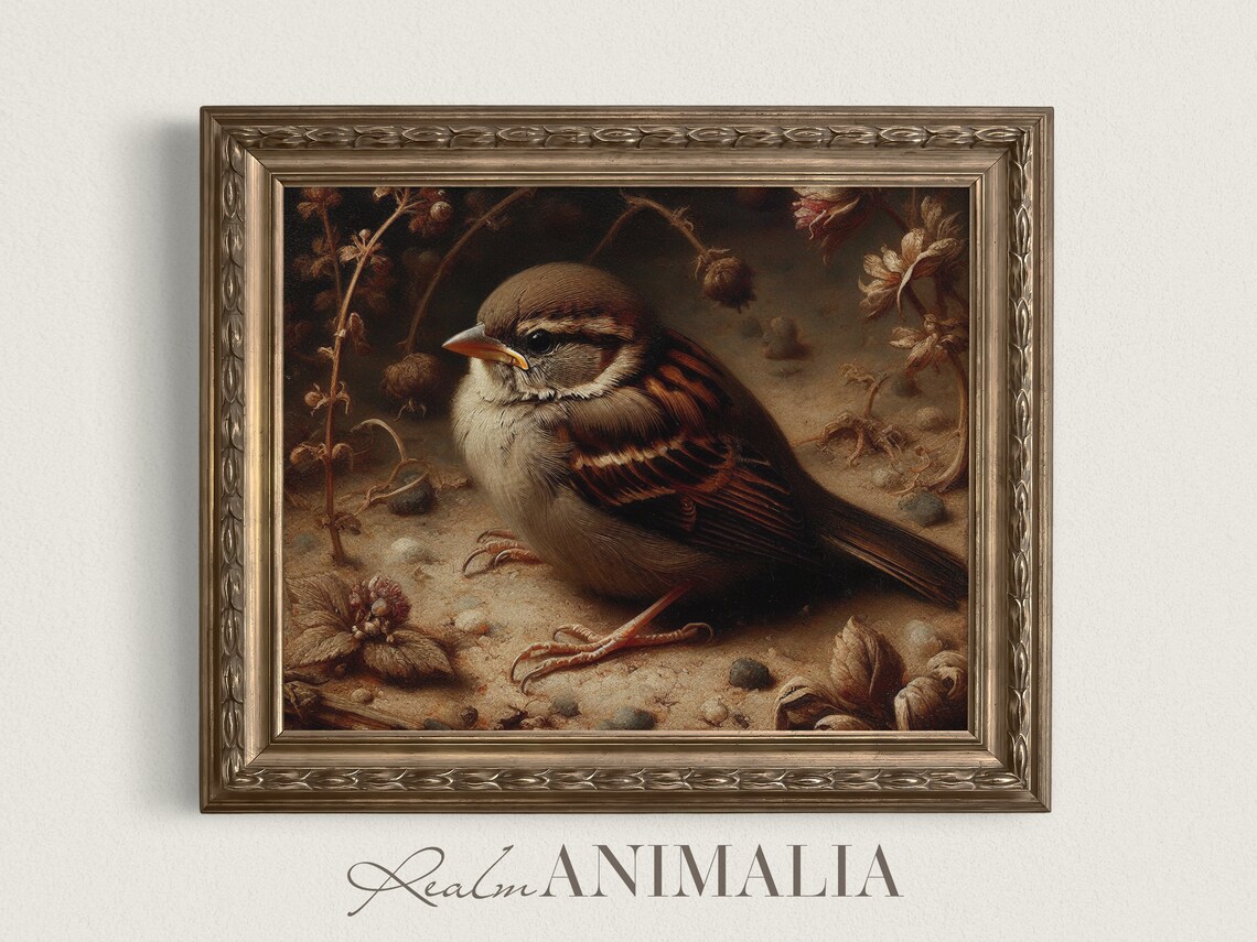 Sparrow Portrait Painting, Vintage Neutral Art Print