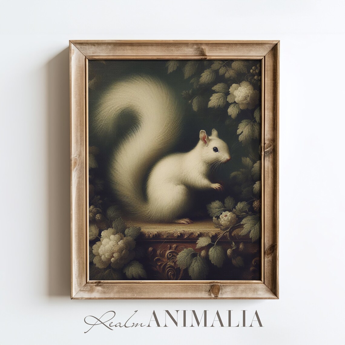 Vintage White Squirrel Among Leaves Dark Woodland Botanical Animal Art Poster - Image 2