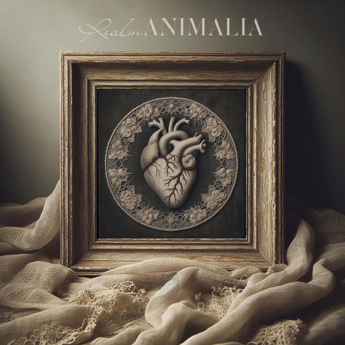 Anatomical Heart Embroidered On Black With Lace Circle Wall Art - Image 4