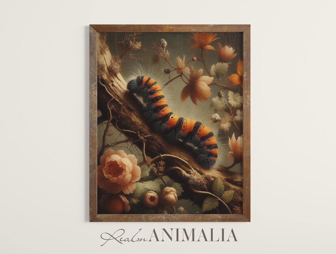Orange Striped Caterpillar On Blooming Branch Moody Floral Art Print