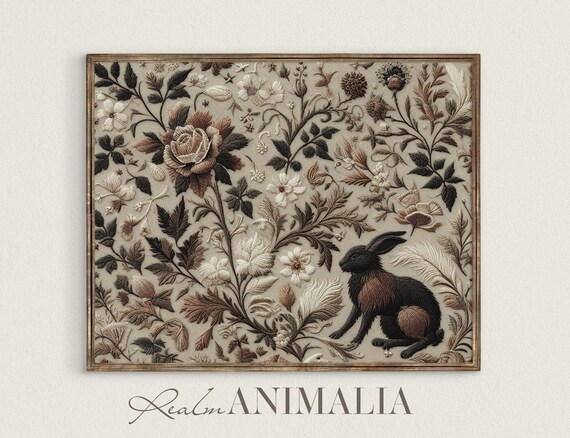 Black Rabbit In Botanical Embroidery Tapestry Cream Vintage Textile Art Print