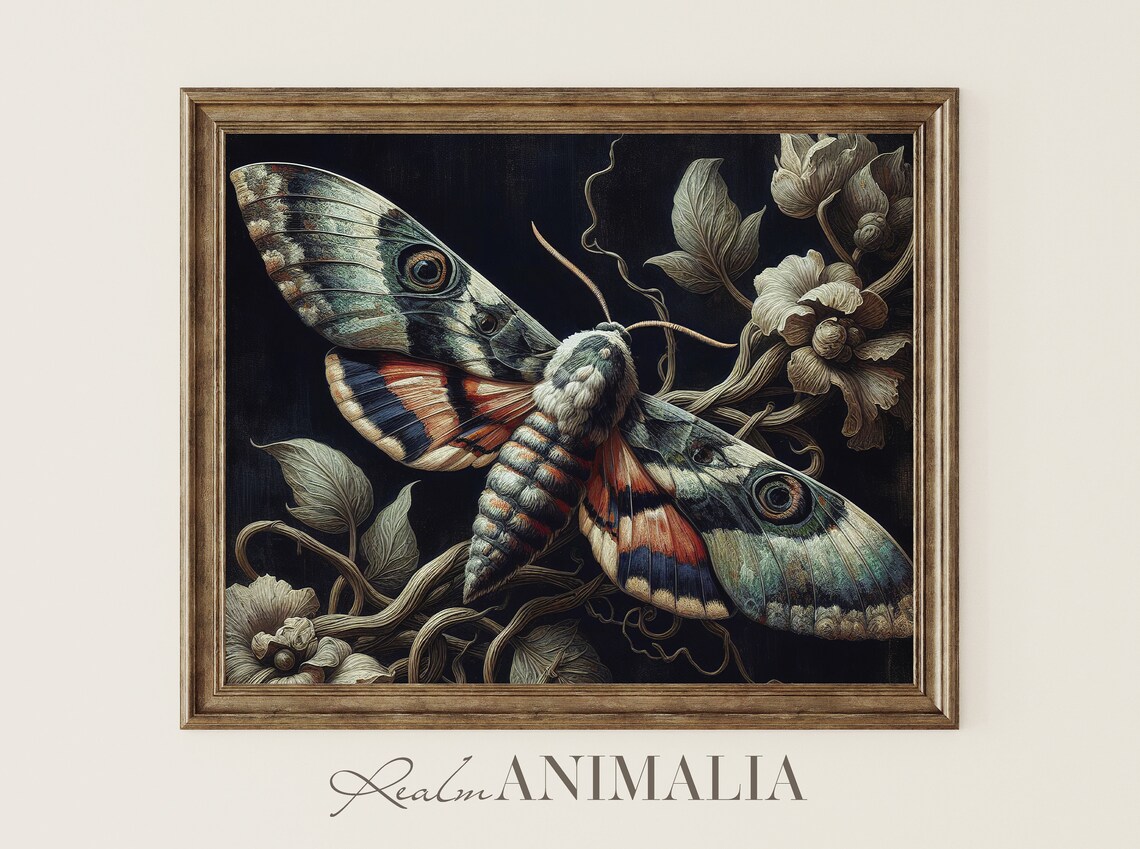 Vintage Moth Oil Painting Dark Botanical Eyed Wings Gothic Insect Poster