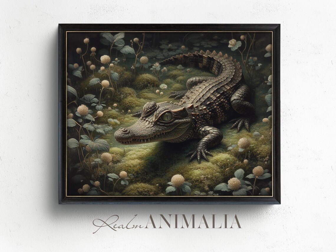 Baby Alligator In Mossy Swamp Moody Botanical Painting Poster - Image 3