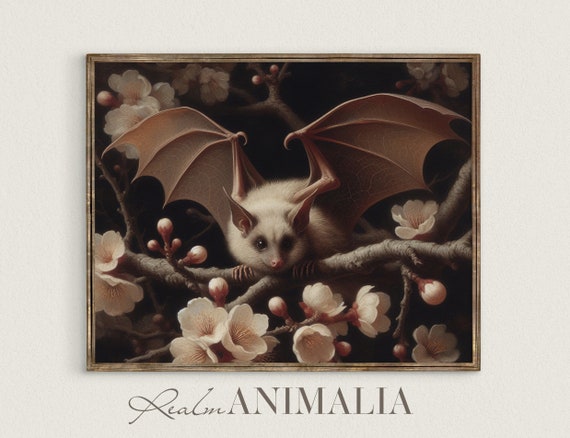 Vintage Bat Art, Dark Cottagecore Botanical Print