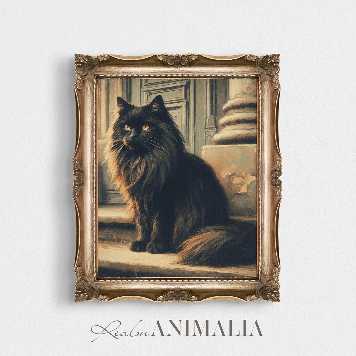 Long Haired Black Cat On Stone Steps Golden Eyes Portrait Art Print - Image 2
