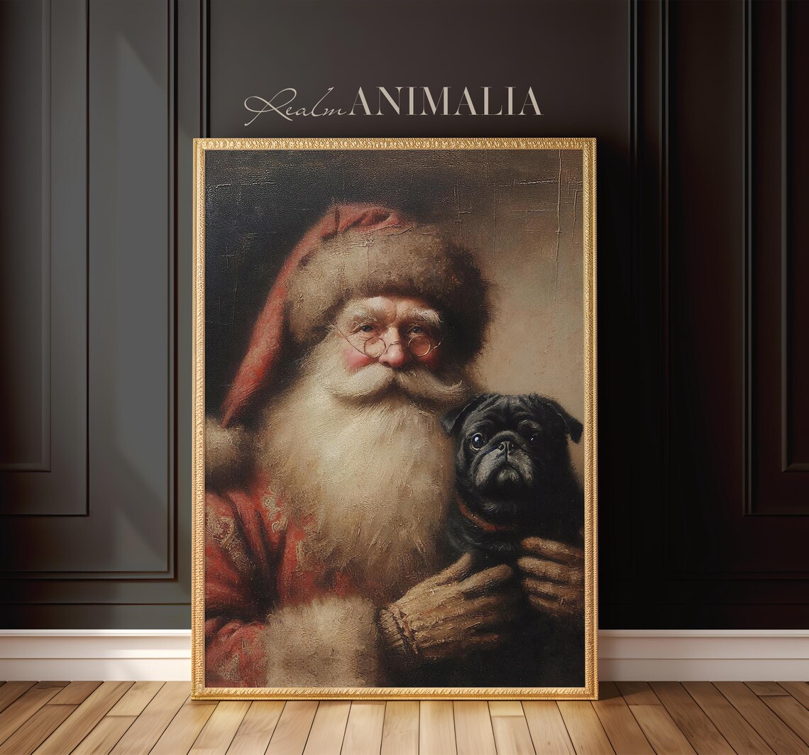 Vintage Santa Claus Holding Black Pug Dog Moody Christmas Poster - Image 2