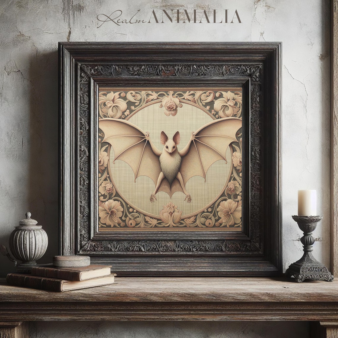 White Bat Floral Tapestry Medallion Vintage Textile Square Art Print - Image 4