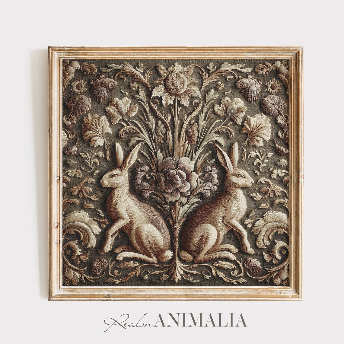 Vintage Two Hares Flanking Floral Tapestry Symmetrical Sepia Textile Art Print - Image 3