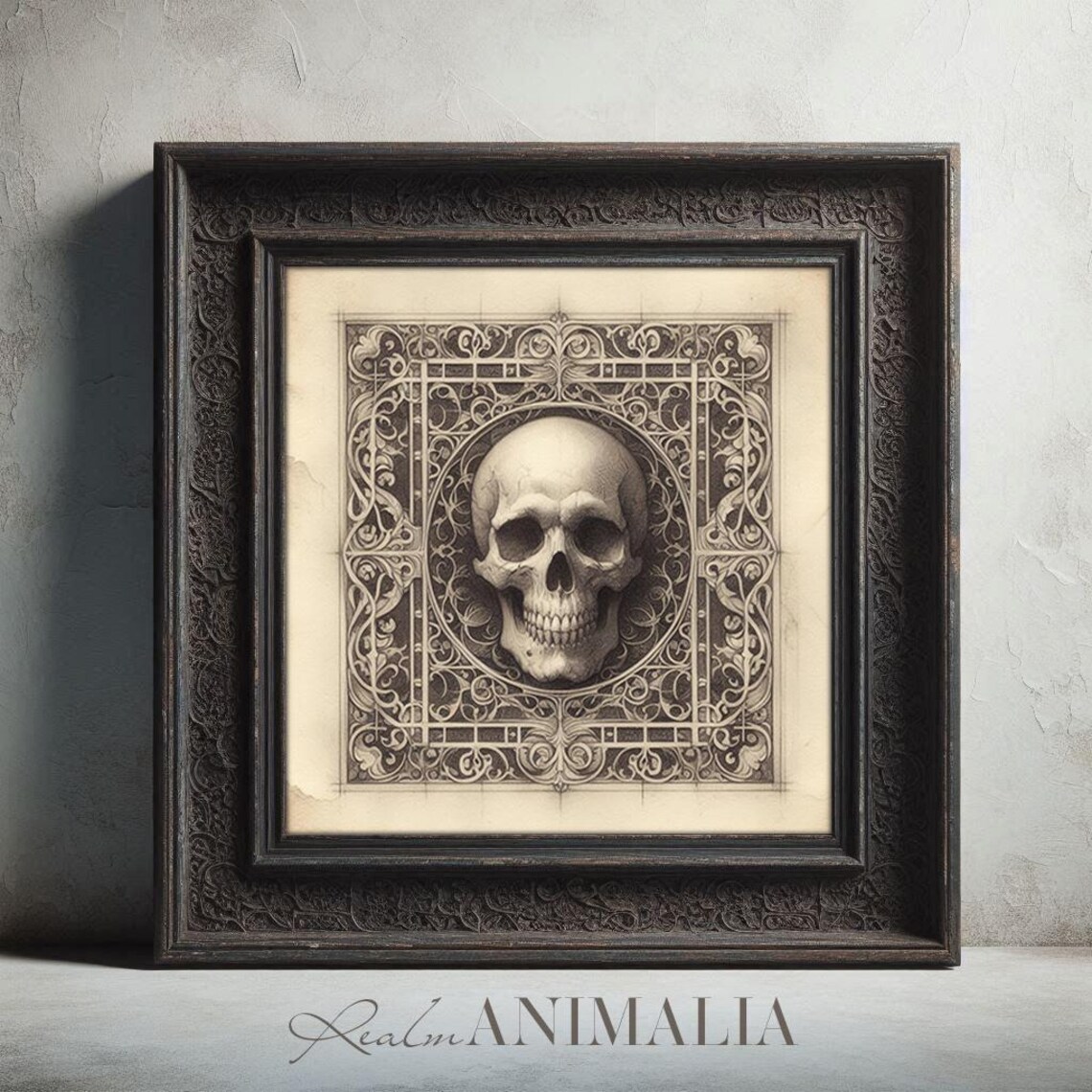 Skull Sketch In Ornate Frame Vintage Gothic Pencil Drawing Art Print - Image 4