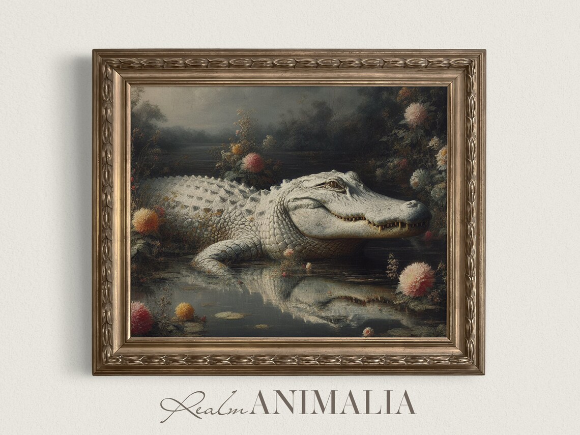 Vintage Alligator Painting, Antique Reptile Art Print